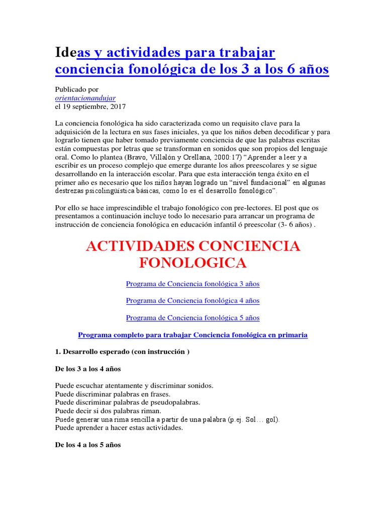 Actividades de Conciencia Fonológica 3-6 Años | PDF | Educación de la ...