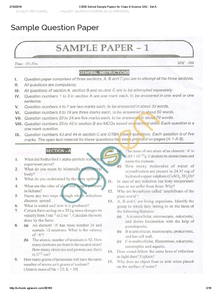 CBSE Class 9 Science Sample Paper SA2 | PDF | Information Retrieval ...