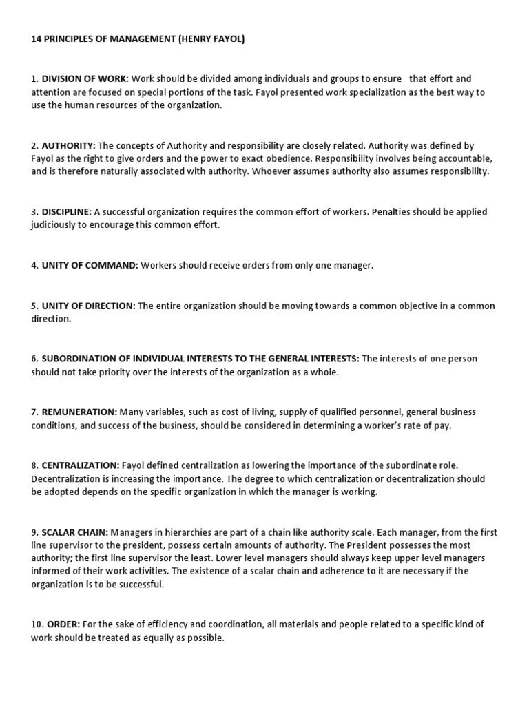 Fayol's 14 Principles of Management | PDF | Decentralization | Hierarchy