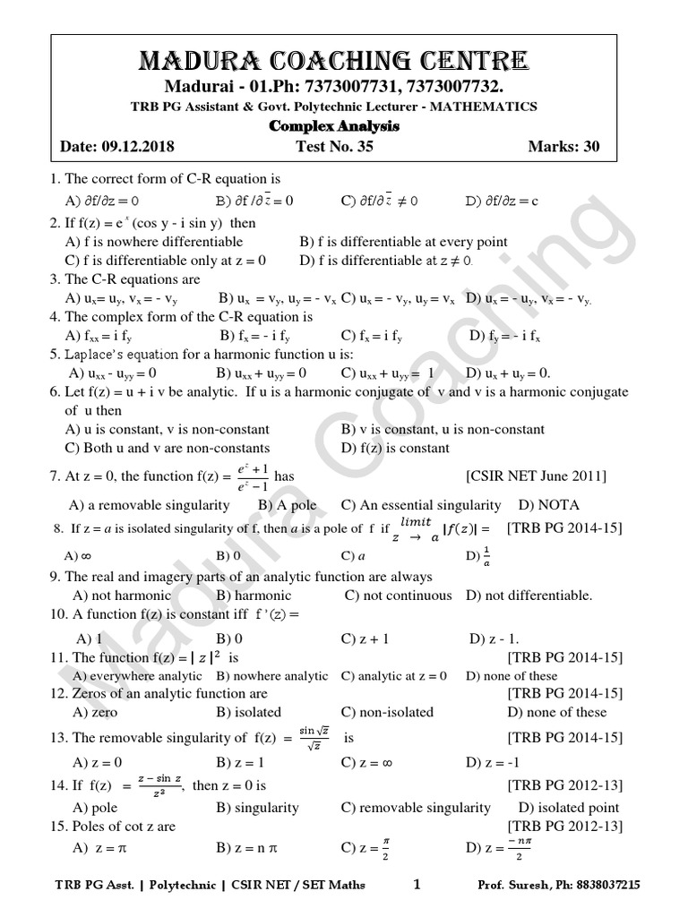 Complex analysis MCQ TEST Analytic Function Mathematical Concepts