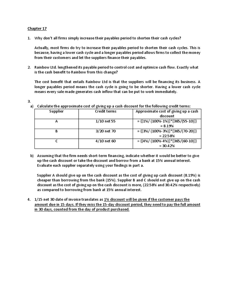 Chapter 17 Question (1) Answer PDF Discounts And Allowances Interest