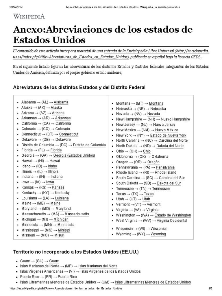 Abreviaciones de Los Estados de Estados Unidos PDF Los Estados