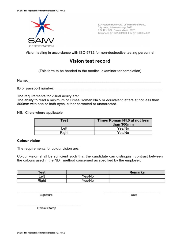 Vision Test Form for NDT Certification | PDF