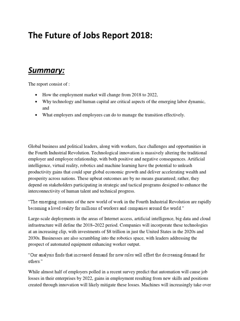 The Future of Jobs Report 2018 Summary | PDF | Automation | World