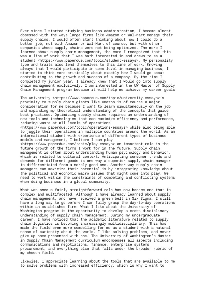 Statement of Purpose Supply Chain Management Essay 808 Words PDF