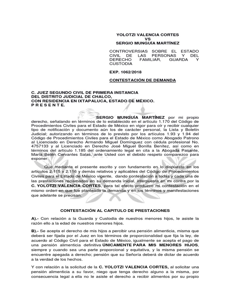 Contestación Pensión Alimenticia PDF Pensión alimenticia Gobierno