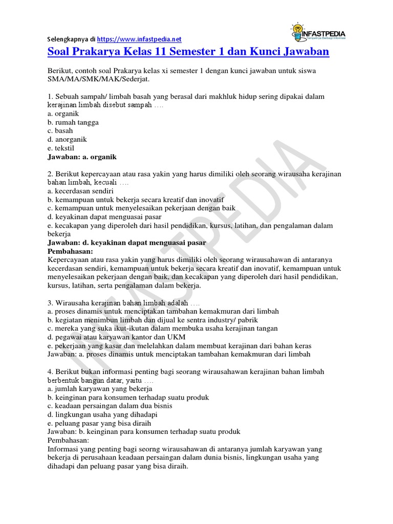 Soal Prakarya Kelas 11 Semester 1 Dan Kunci Jawaban Pdf
