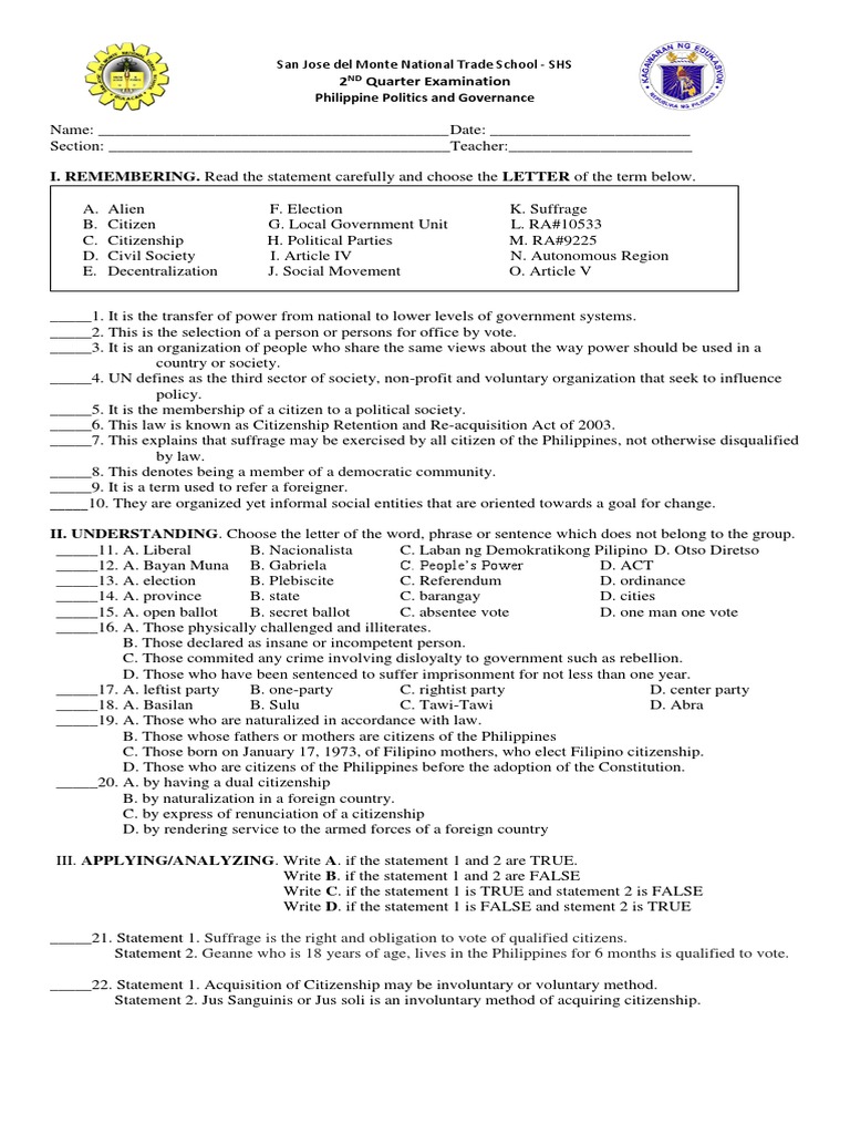 2nd QUARTER EXAM Philippine Politics and Governance | PDF ...