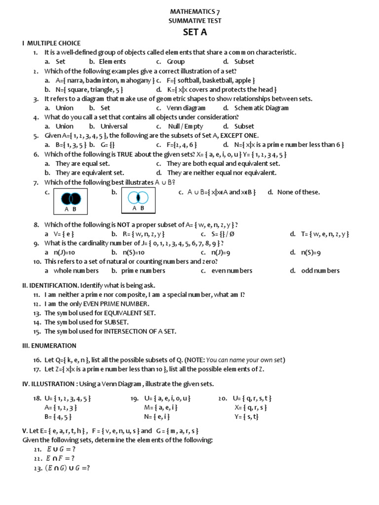 Summative G7 Set Mathematics Mathematical Concepts