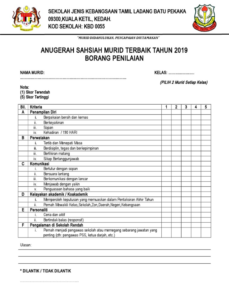 Borang Penilaian Anugerah Sahsiah Murid Terbaik 2019 Pdf