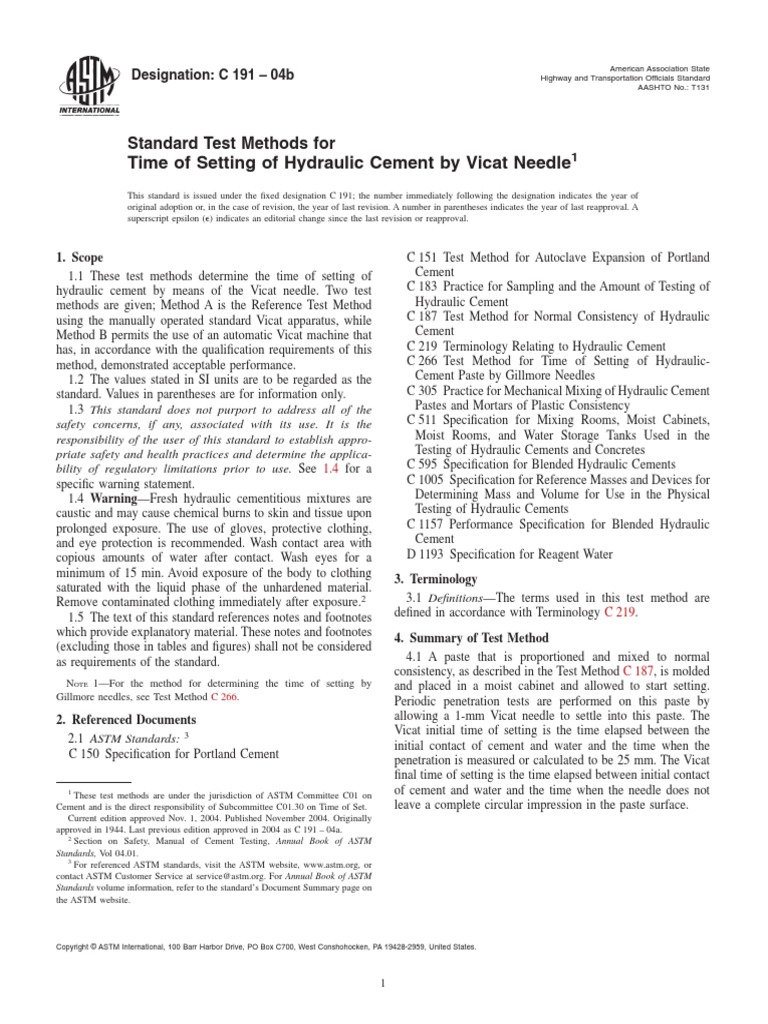 C191Time of Setting of Hydraulic Cement by Vicat Needle1 PDF PDF Cement Concrete