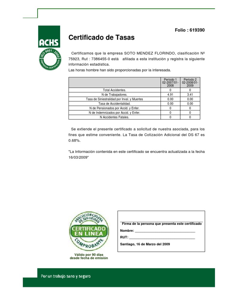 Certificado Accidentes ACHS