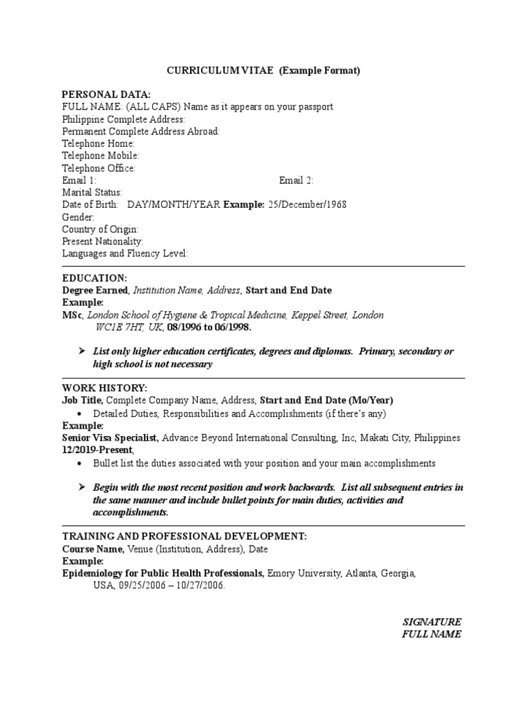resume format for student visa application