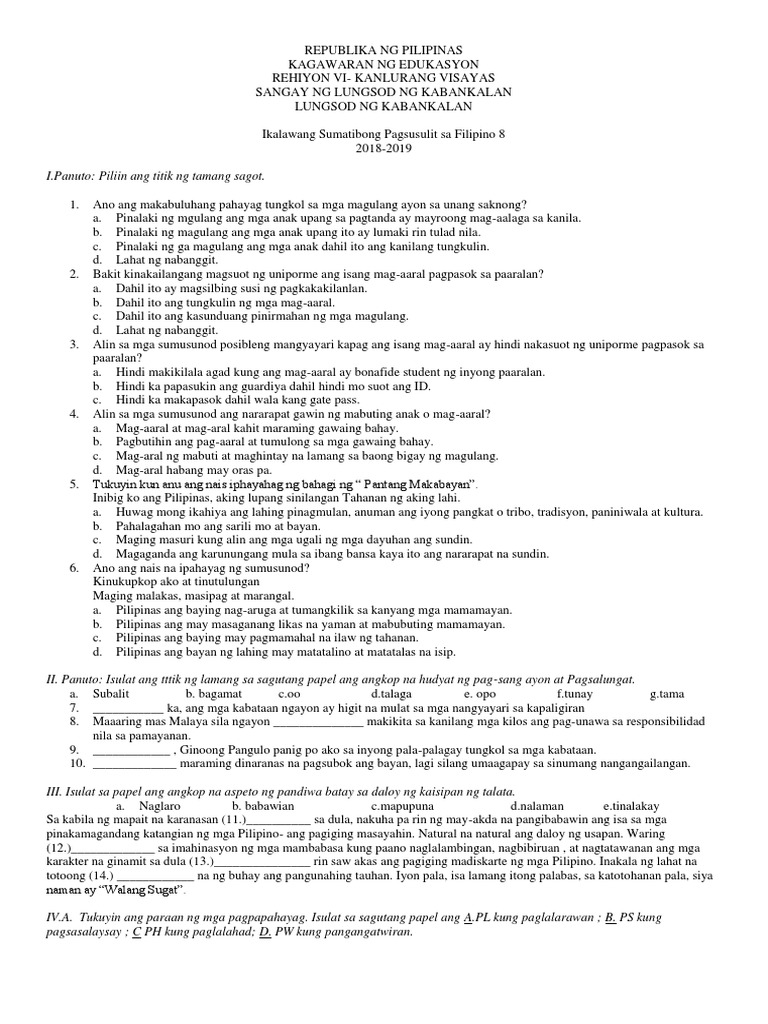 Fil-8 Exam | PDF