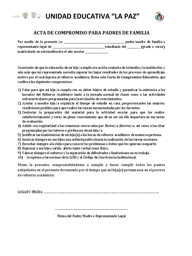 Acta de Compromiso para Padres de Familia | PDF