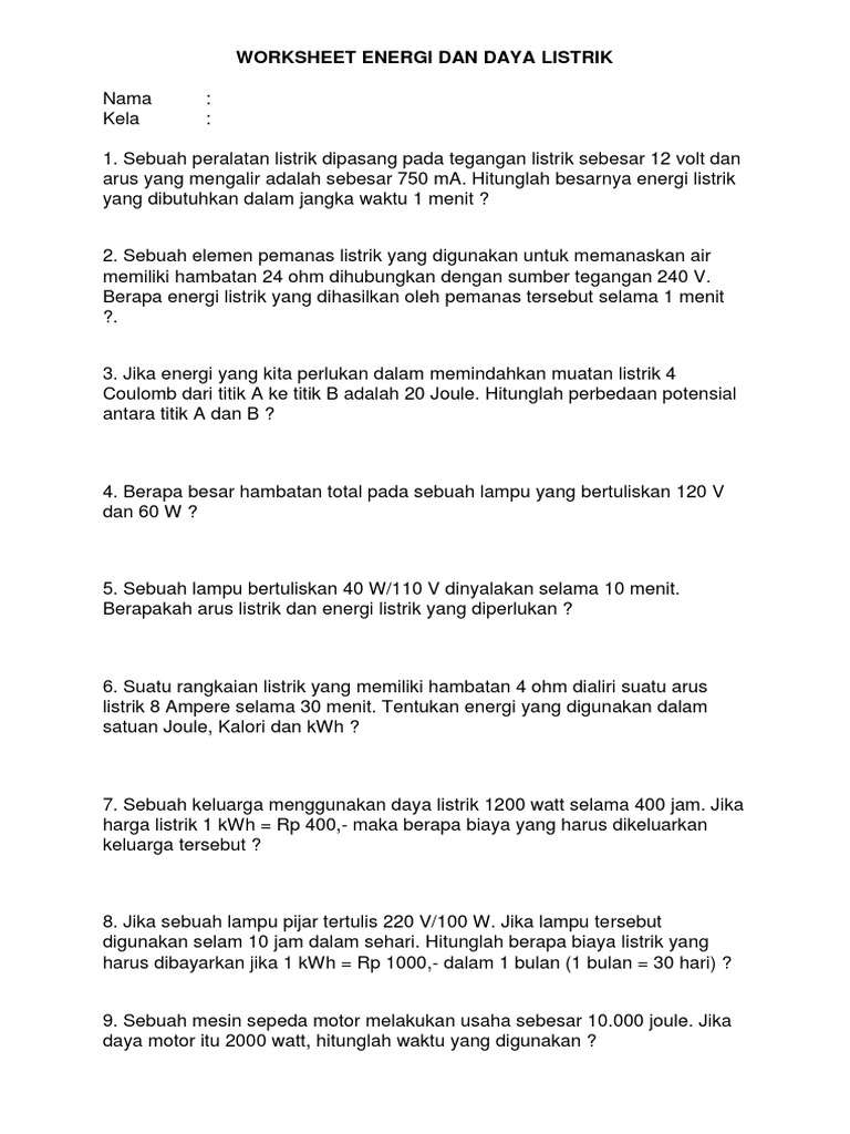 Contoh Soal Energi Dan Daya Listrik SMP Kelas 9 Ke Siswa | PDF