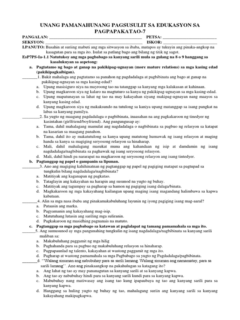 Exam Sa ESP 7 | PDF