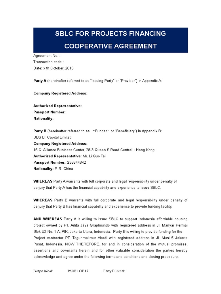 SBLC Agreement for Project Financing | PDF | Letter Of Credit | Wire ...