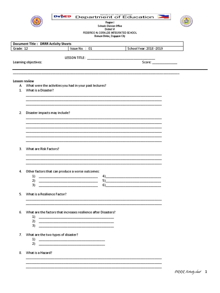 DRRR Worksheet - drr.1 | PDF | Hazards | Psychological Resilience