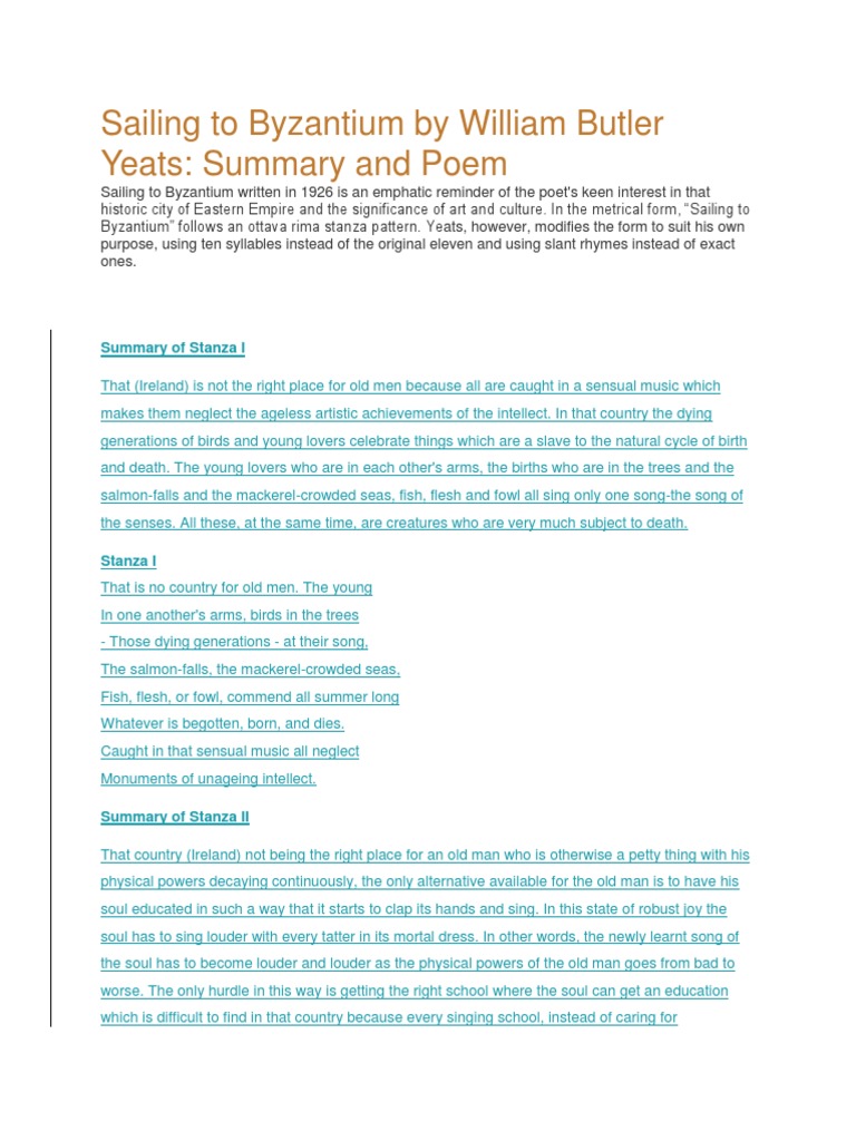 Sailing To Byzantium by William Butler Yeats Summary PDF Soul