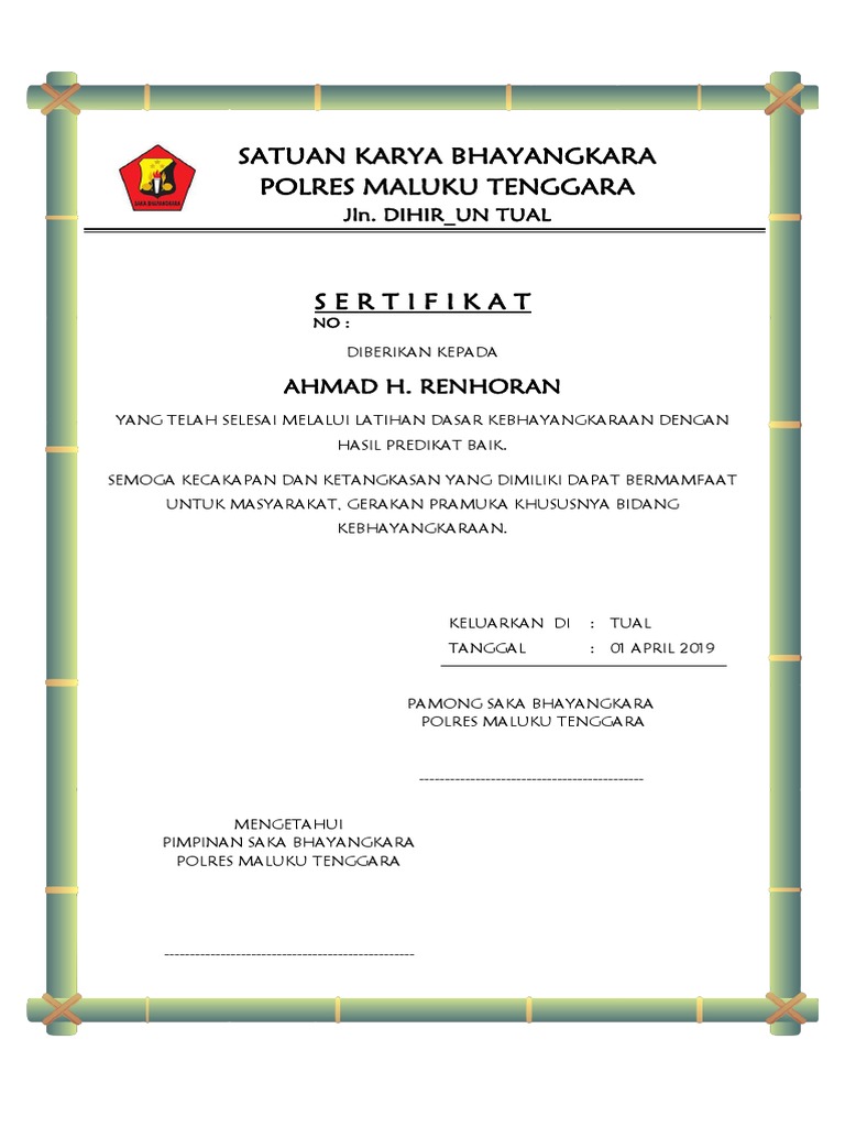 Sertifikat Saka Bhayangkara 2019
