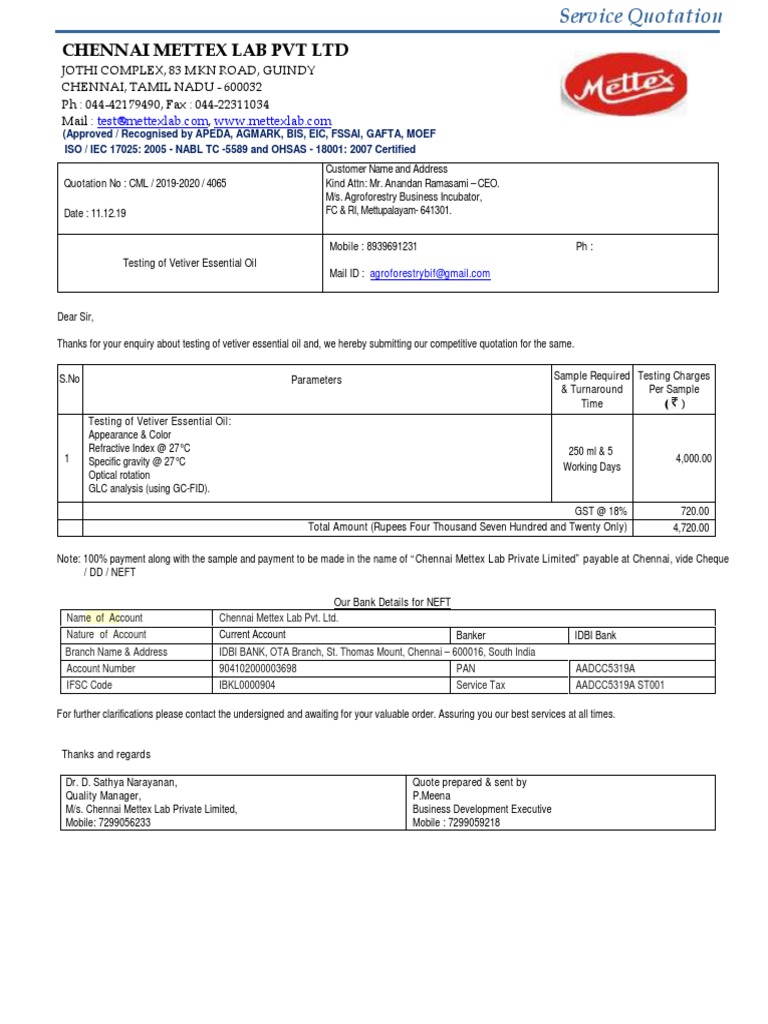 Quotation for Vetiver Oil Testing | PDF | Banking | Business
