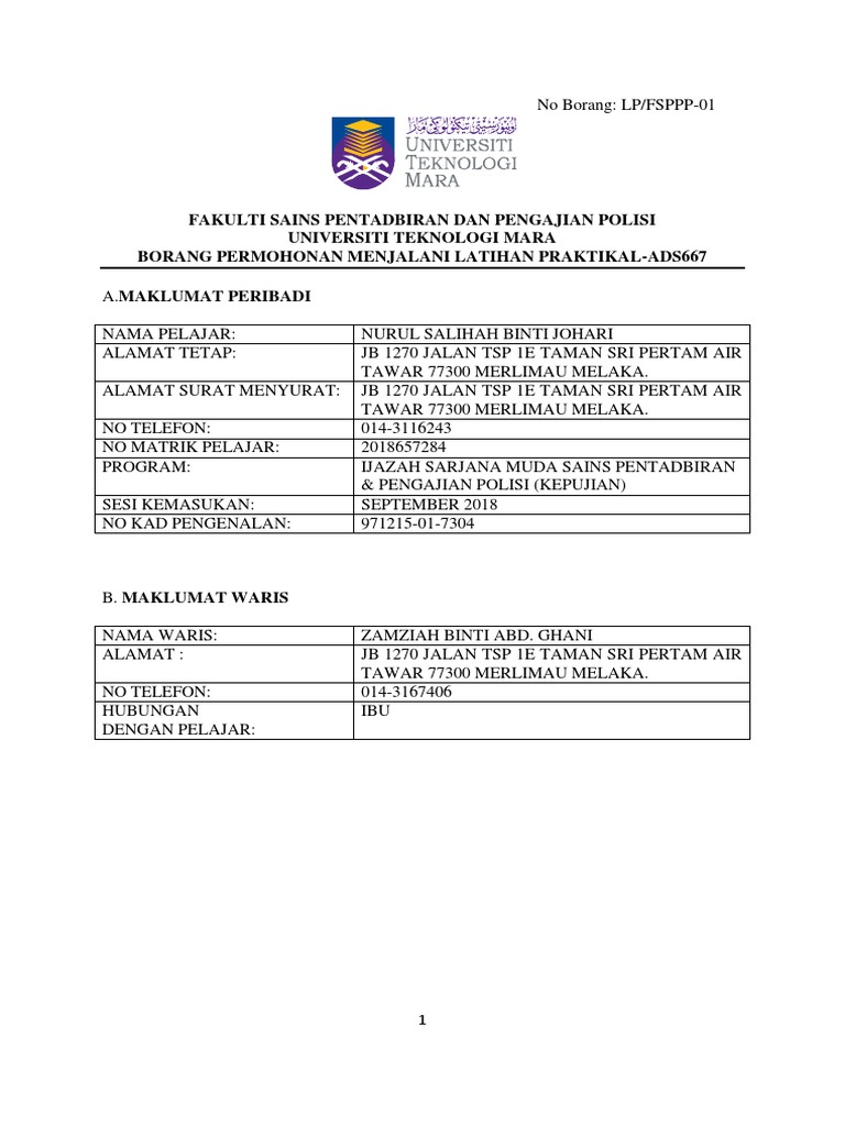 1 5 Borang Permohonan Menjalani Praktikal Pdf