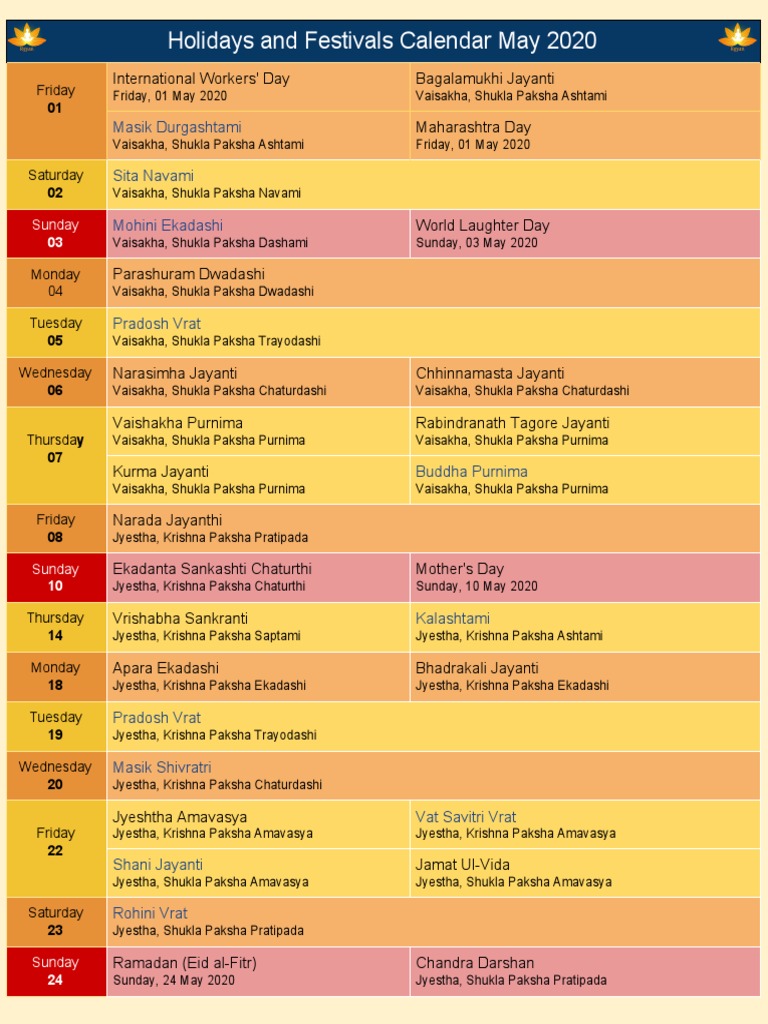 Festival Calendar May 2020 | PDF | Hindu Worship | Lunisolar Calendars