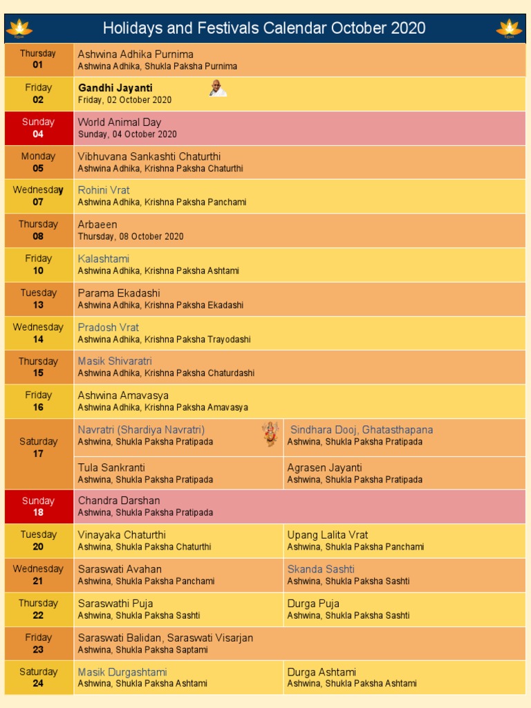 Festival Calendar October 2020 | PDF | Hindu Behaviour And Experience
