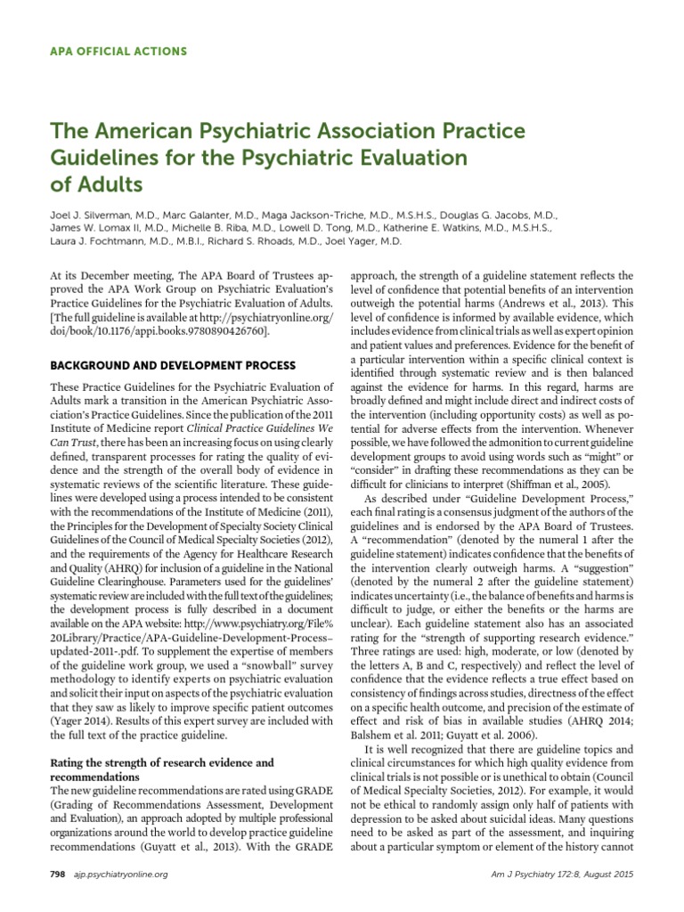 APA Practice Guidelines For The Psychiatric Evaluation of Adults PDF