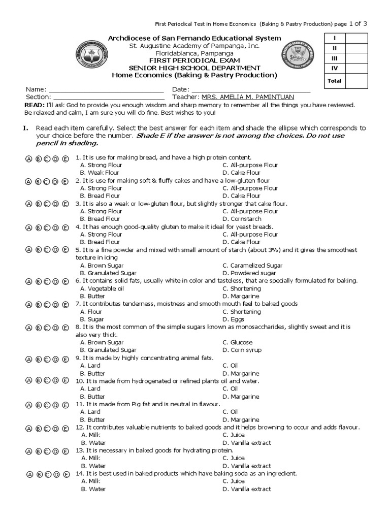 First Periodical Exam In He Baking Pastry Production Grade 11 Pdf Baking Breads