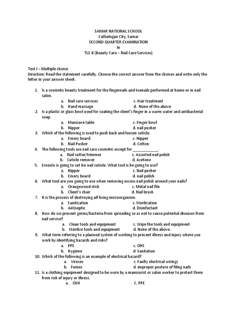 2nd Quarter Exam in Beauty Care Nail Care Services PDF Nail