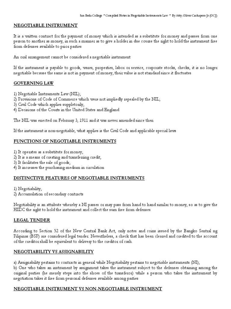 Negotiable Instruments Law Overview | PDF | Negotiable Instrument ...