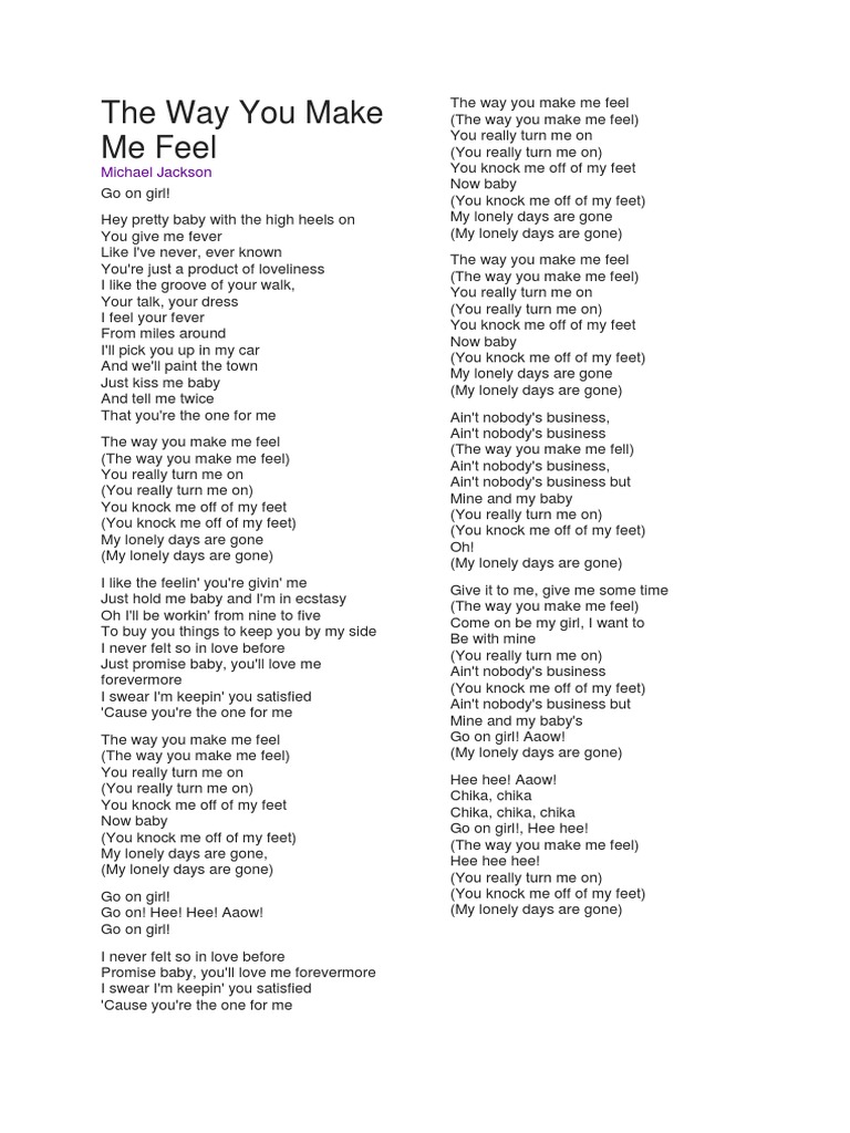 The Way You Make Me Feel Lyrics PDF Pop Music Pop Songs