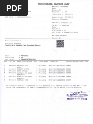 Warranty Packing Slip