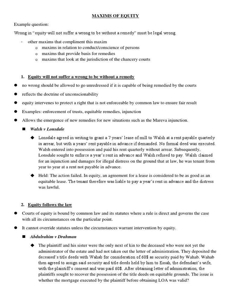 Maxims Of Equity Pdf Equity Law English Trust Law