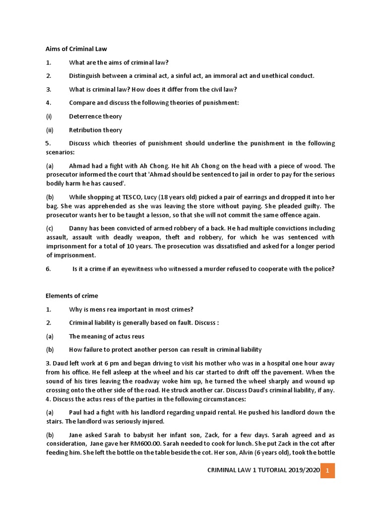 Criminal I Tutorial Pdf Mens Rea Crime Violence