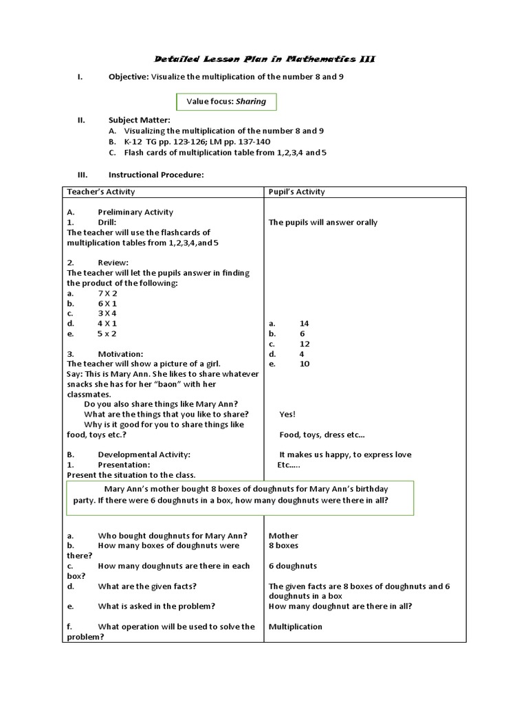 Grade 3 Multiplication Lesson Plan | PDF | Multiplication | Communication