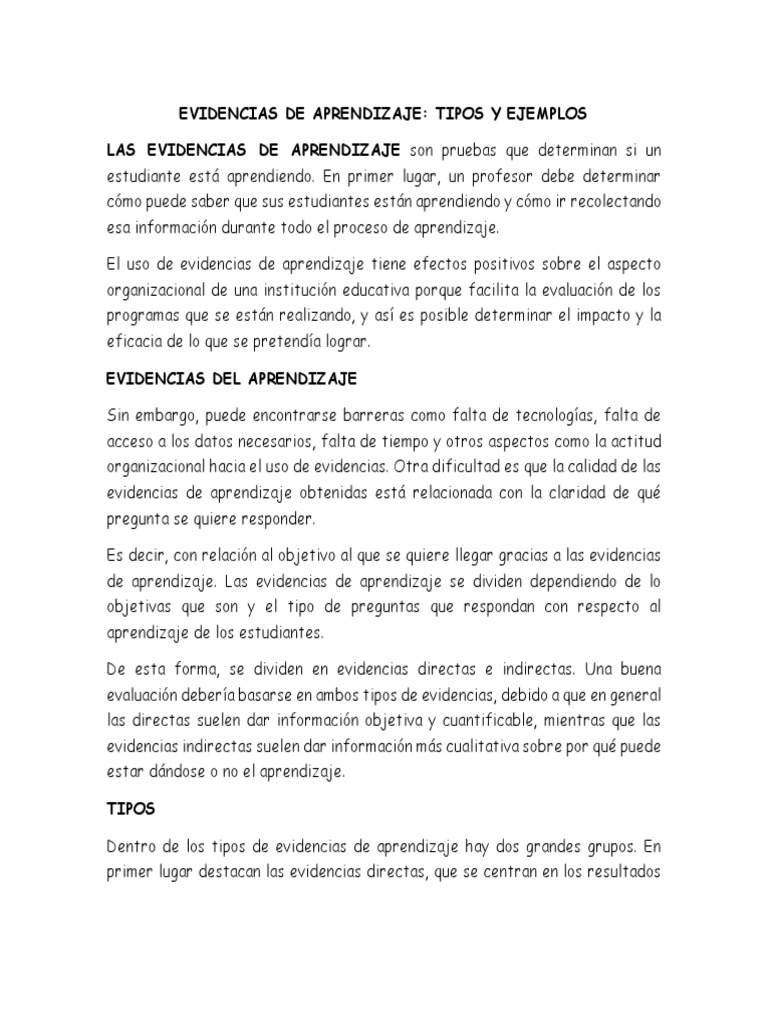 Tipos y Ejemplos de Evidencias de Aprendizaje | PDF | Evaluación ...