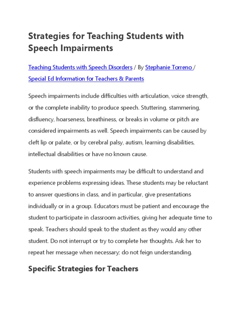 Strategies For Teaching Students With Speech Impairments PDF Speech