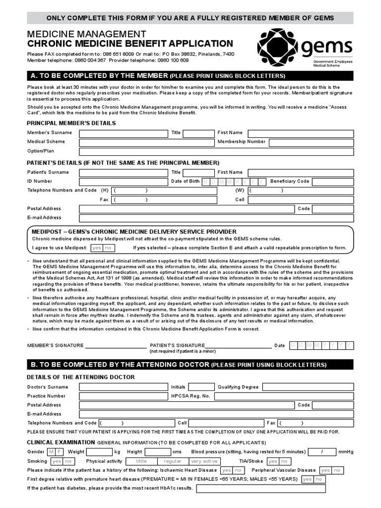 GEMS Chronic Medicine Benefit Application PDF PDF Renal Function