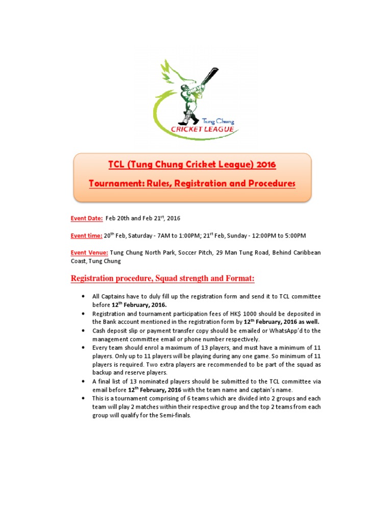 TCL 2016 Cricket Tournament Guide | PDF | Bowling (Cricket) | Rules