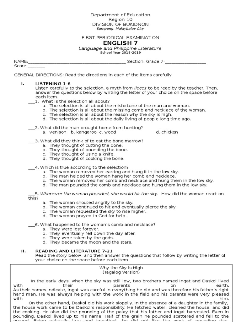 English 7 First Quarter Exam Guide | PDF | Stress (Linguistics ...