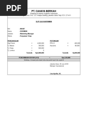 Contoh Slip Gaji Pt Cahaya Berkah