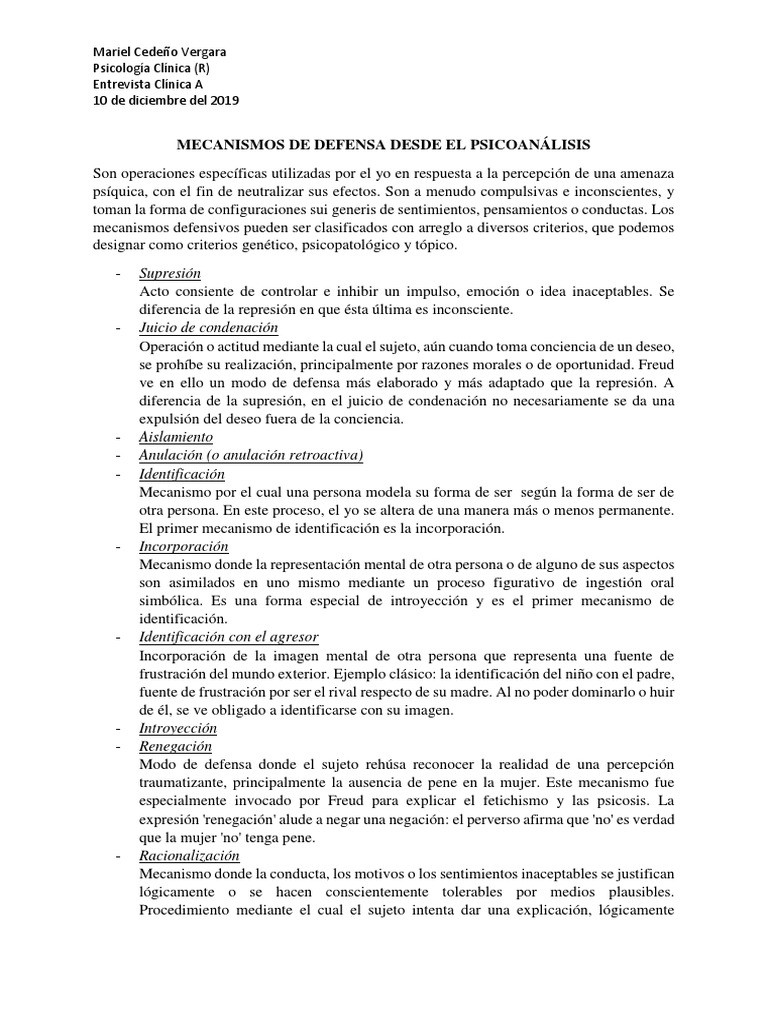 Mecanismos de Defensa en Psicoanálisis | PDF | Mecanismos de defensa ...