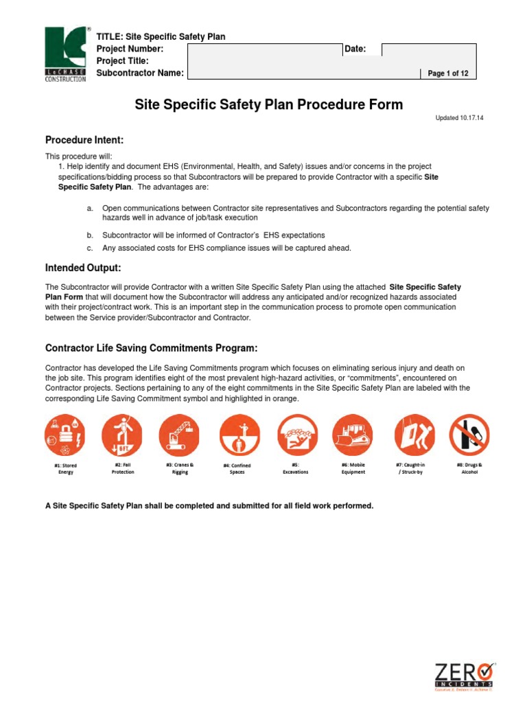 Site Specific Safety Plan Template | PDF | General Contractor ...