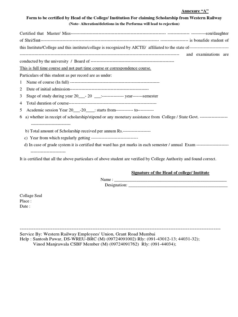 SBF Form 16Application Form For Scholarship of Higher Education To