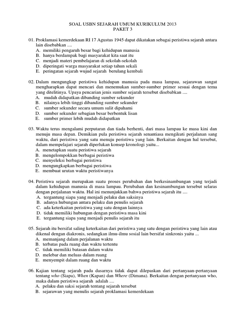 Soal Usbn Sejarah Umum Paket 3 Docx