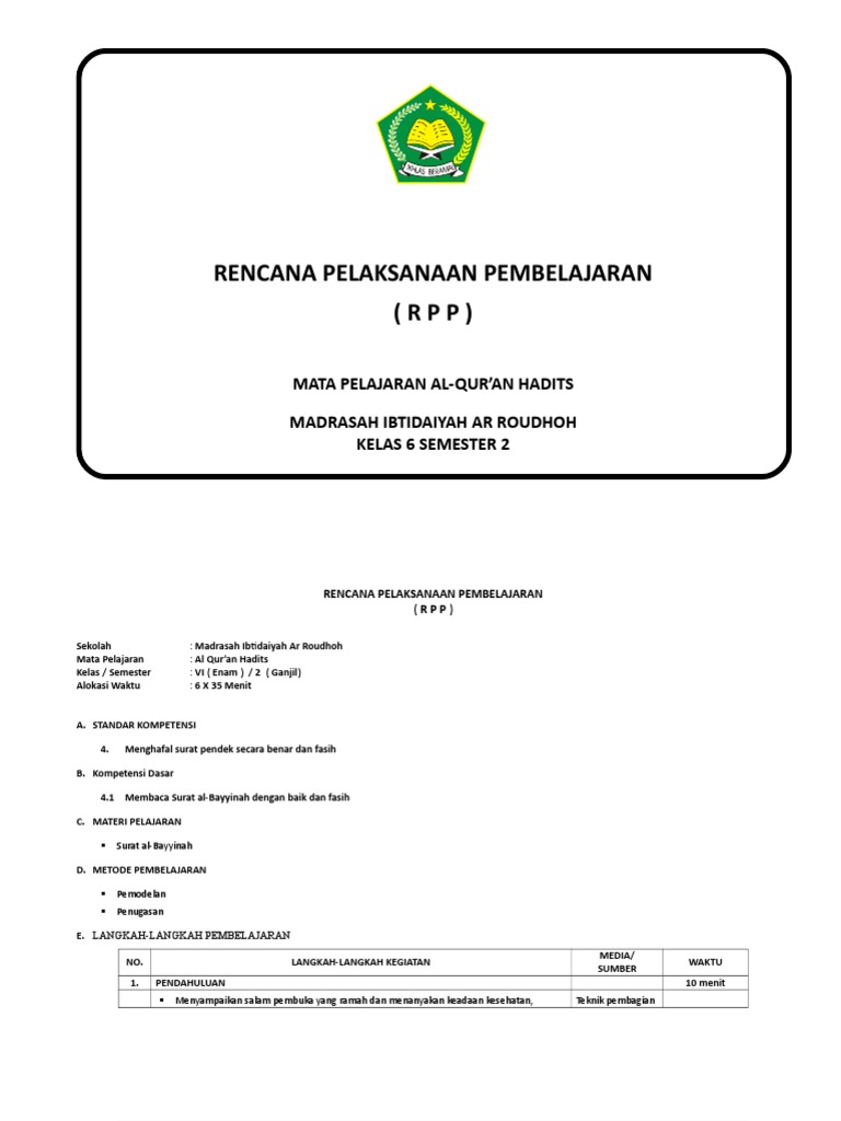 Download Rpp Qur'an Hadits Kelas 6 Semester 2