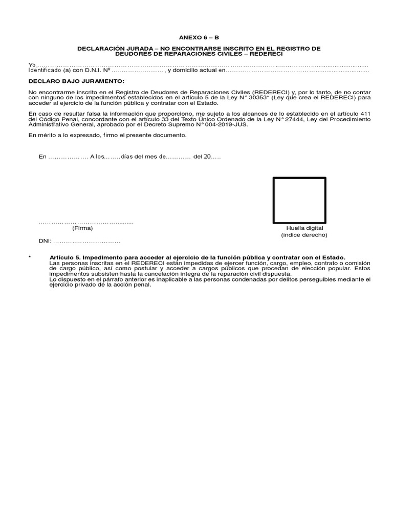 Anexo 6B Declaración Jurada - No Encontrarse Inscrito en El Registro de ...